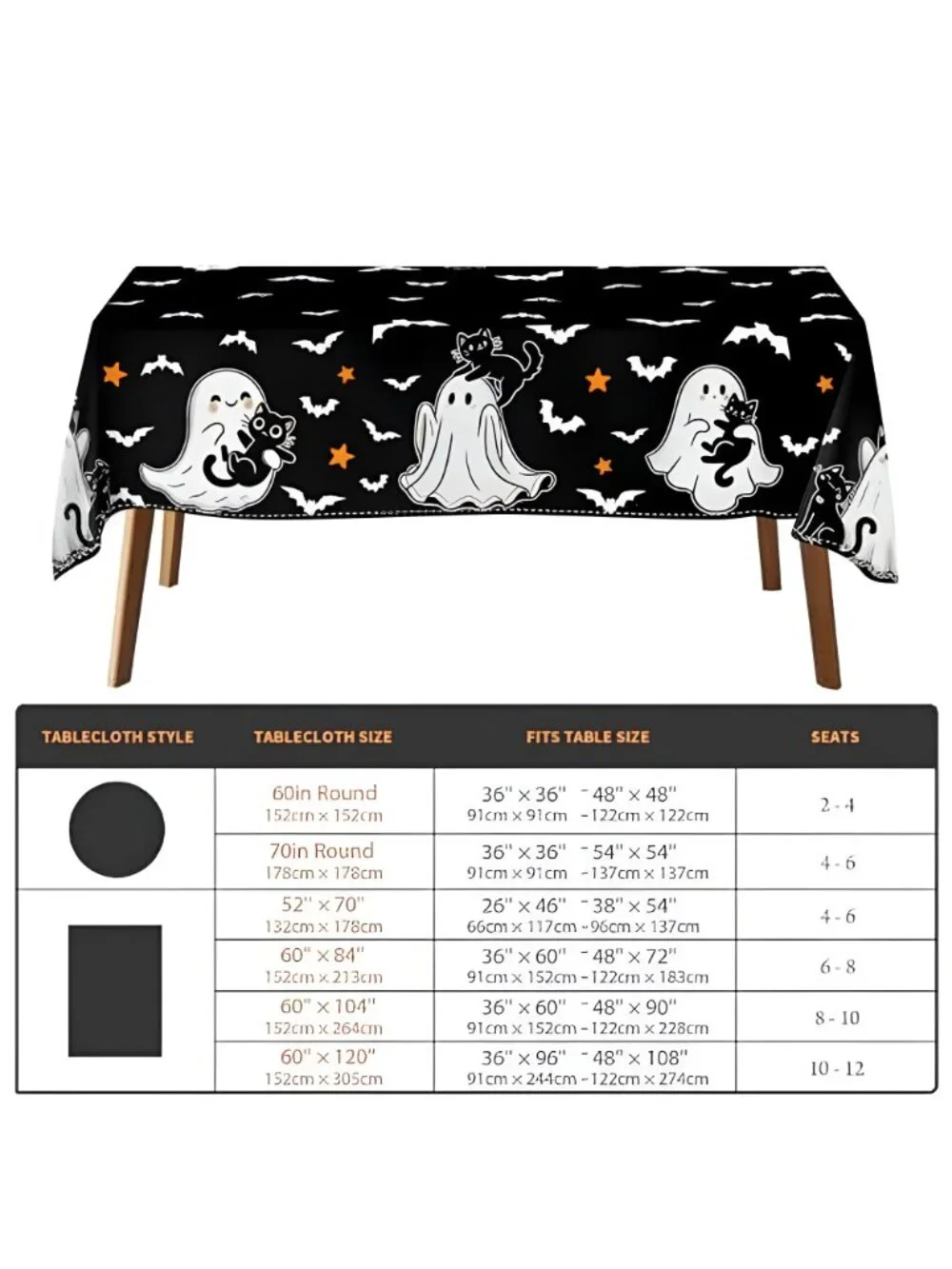 Halloween Tablecloth Rectangular 52 x 70 Inch Spooky Ghost Cat Spider Stars